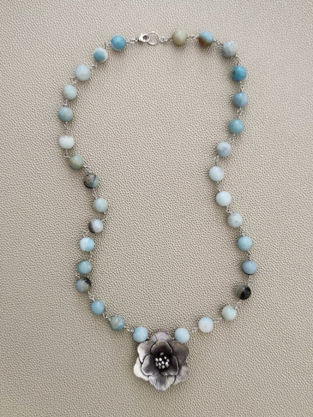 AMAZONITE NECKLACE W/ SILVER POPPY PENDANT--24"